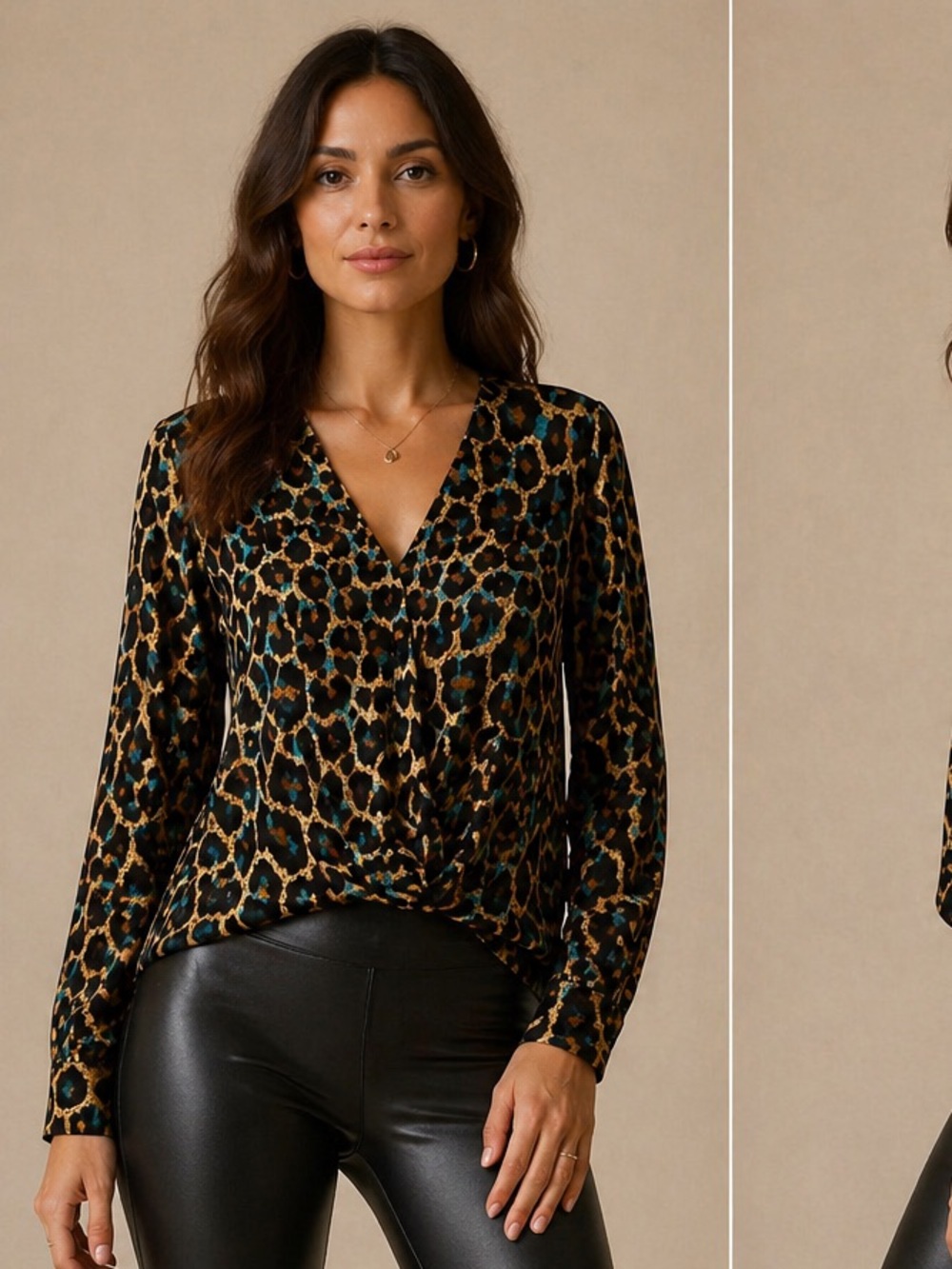 NWOT Alice + Trixie Animal Print V-Neck Blouse Black Brown Teal Size Medium